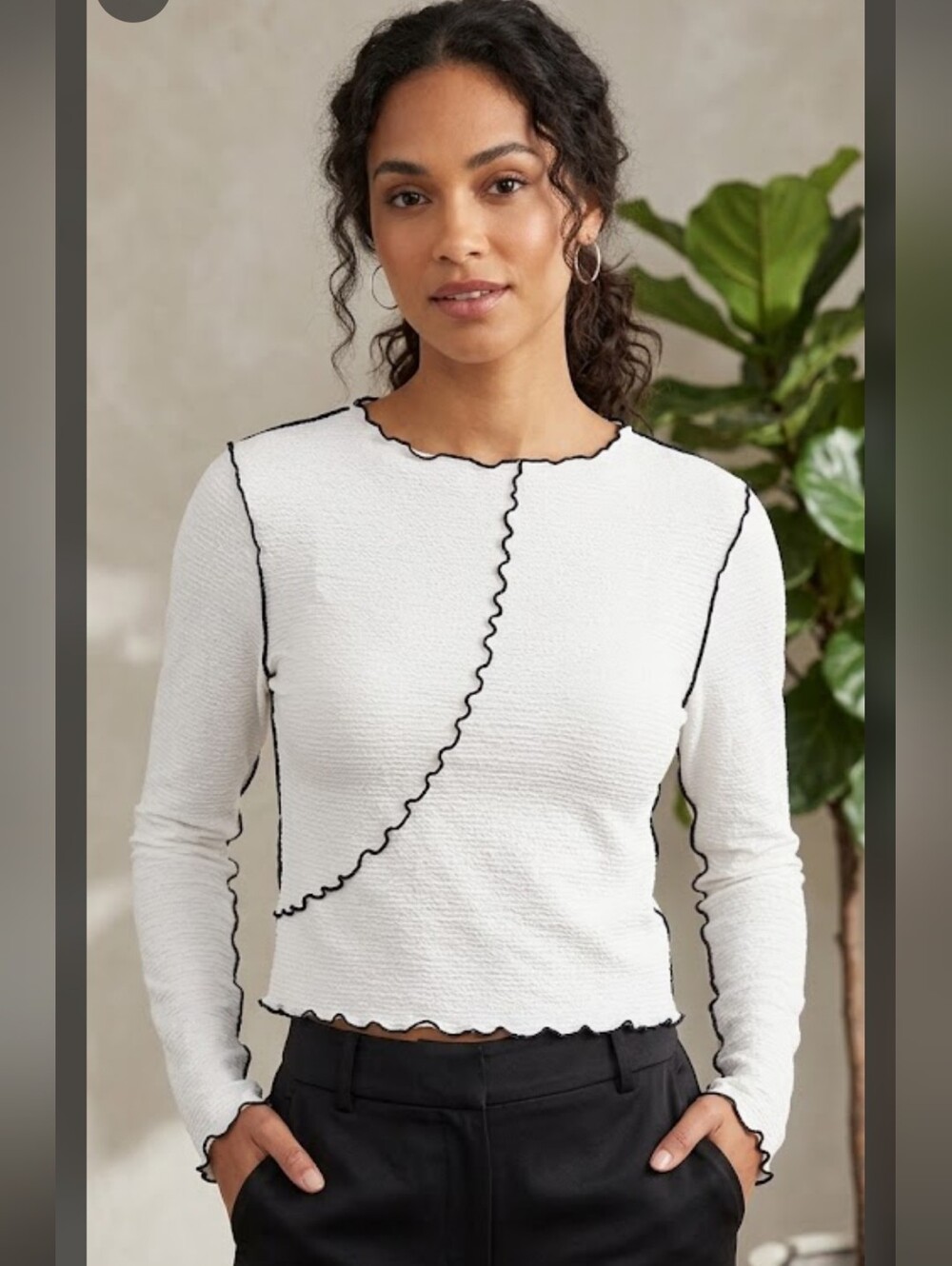 Versona Top Size Large White Brown Trim Stitching Textured Long Sleeve